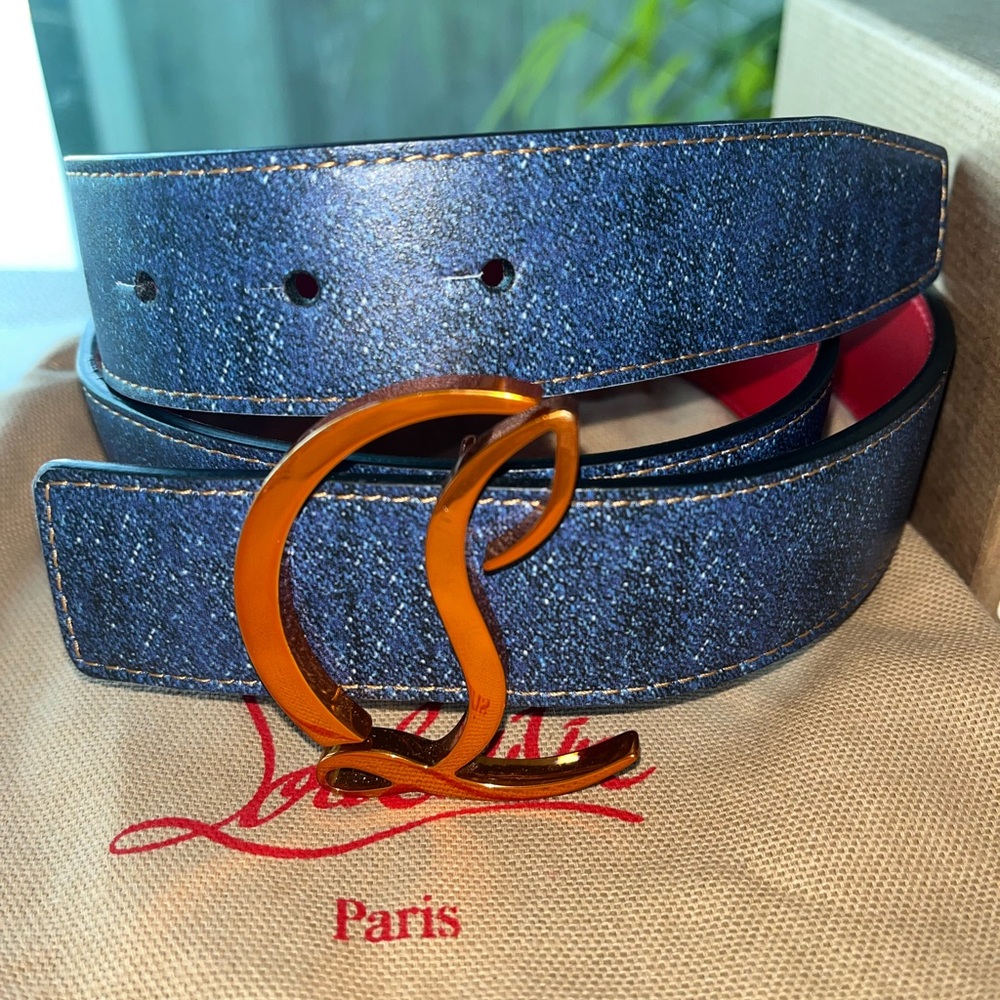 Christian Louboutin logo denim leather belt  Pristine!!!Box dust bag & receipt